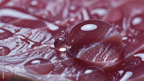 Macro Water Droplets on Red Textured Surface Close Up Extreme Detail