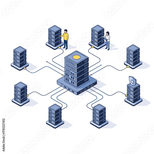 A decentralized network of servers connected by a central hub.
