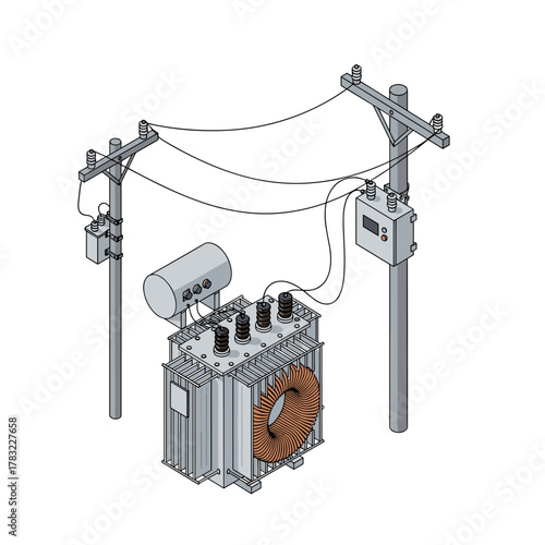 Electrical power transformer mounted on utility poles with connected distribution lines and meters.