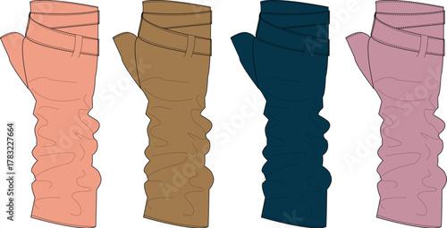 A collection of stylish long fingerless gloves with a ruched design in various colors. Vector illustration of modern fashion arm warmers for personal style expression