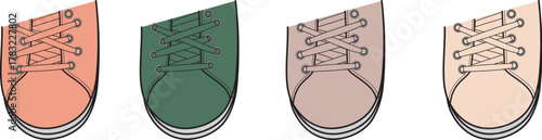 A vibrant collection of four different colored shoes with laces, showcasing distinct hues and designs