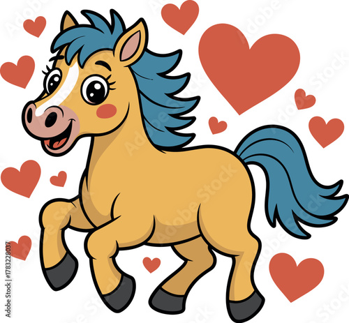 A cheerful cartoon horse prances among many red hearts, conveying love and joy.
