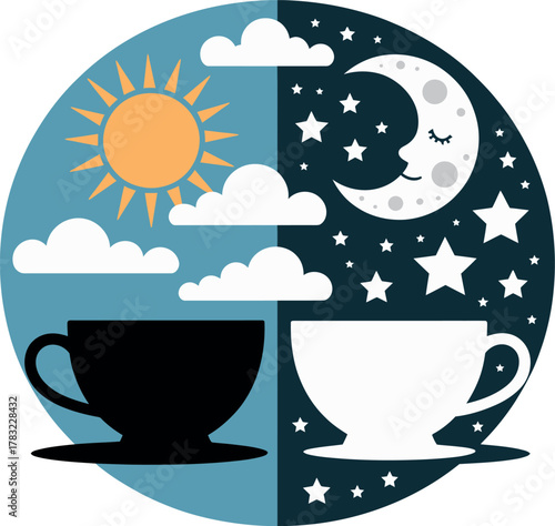 Day and night coffee cups represent the concept of time and routine.