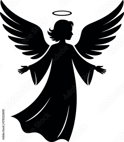 A silhouette of an angel with outstretched arms and a halo is depicted against a white background.