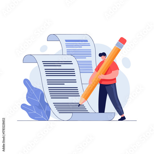 A person uses a giant pencil to write on a long scroll of paper.