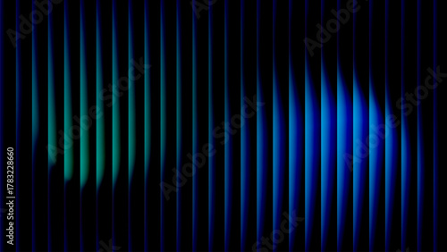 Cobalt blue and teal wavy reeded glass stripes on black — vertical gradient light bars, ultrawide abstract banner background