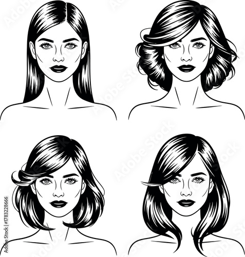 Four distinct hairstyles are showcased on the faces of four women in this illustration.