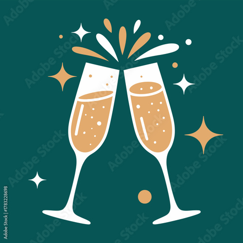 Two champagne glasses clinking together in a celebratory toast with sparkling bubbles and stars.
