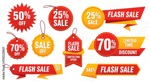 Promotional Sale Tags and Labels Set Discounts, Offers, Flash Sales