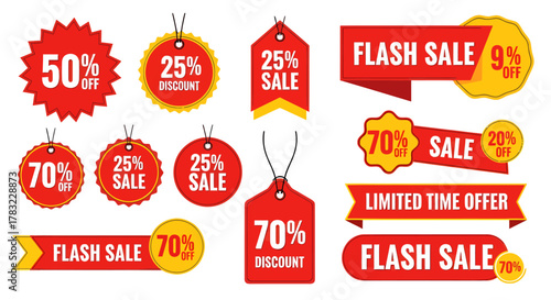 A vibrant set of retail price tags, promotional discount banners, and special offer labels for commerce and advertising