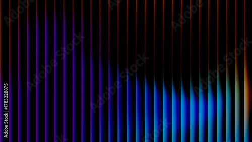 Wavy reed glass vertical stripes with blue–teal to amber neon glow on black, ultrawide abstract banner background