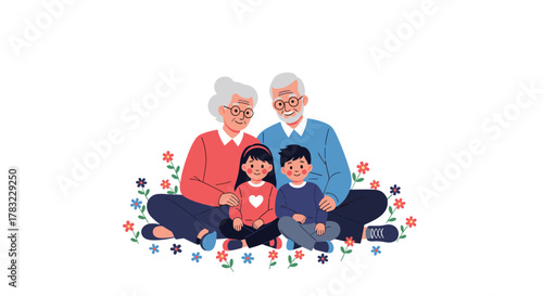 A happy multi-generational family, including grandparents and their two grandchildren, enjoys a loving moment together surrounded by colorful spring flowers.