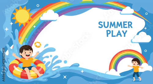 Two cheerful children playing in a vibrant water park with splash, sun, and rainbows under a blue sky, perfect for summer fun.