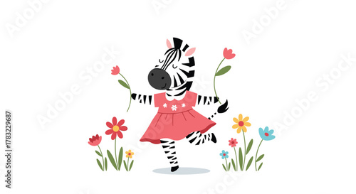 A cute cartoon zebra in a pink dress dances joyfully among colorful spring flowers, holding a blossom in each hand.