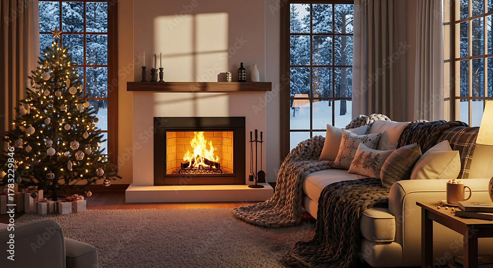 Naklejka premium Cozy christmas living room with a glowing fireplace, decorated tree, and snowy winter forest view from window at night