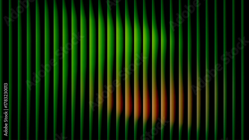 Wavy reeded glass vertical stripes with green‑to‑amber neon glow on black, ultrawide abstract banner background