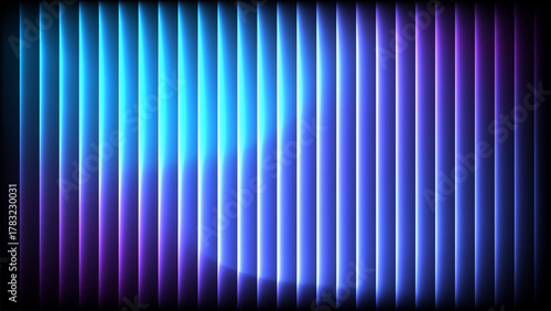 Reed glass vertical neon stripes background with wavy blue cyan purple gradient columns and luminous glow on black, abstract tech wallpaper