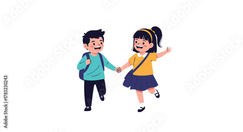 A happy boy and girl, dressed in school attire, walk hand in hand, cheerfully heading to school or playing together.