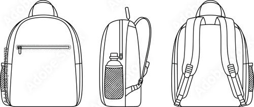 Cad drawing flat vector illustration, technical backpack sketch, front side rear view, mesh pocket design, travel gear template, editable outline