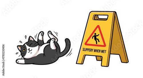 Cute cartoon cat on its back, dazed with sweat drops, next to a vivid yellow 'slippery when wet' warning sign, illustrating a humorous incident.