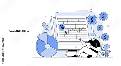 Financial data analysis and business statistics concept with a person reviewing charts on a computer screen and a pie graph illustration