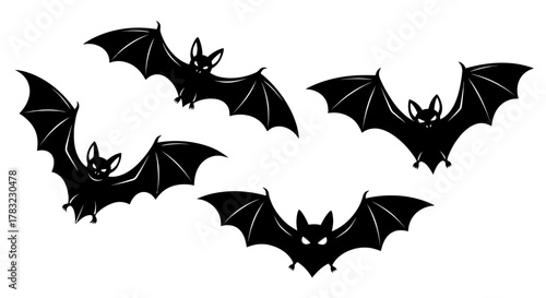 Eerie group of flying bats with bright white glowing outlines, creating an ethereal and spooky atmosphere for halloween designs.
