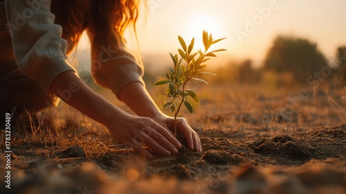 Woman planting young tree in dry soil at sunset promoting sustainability