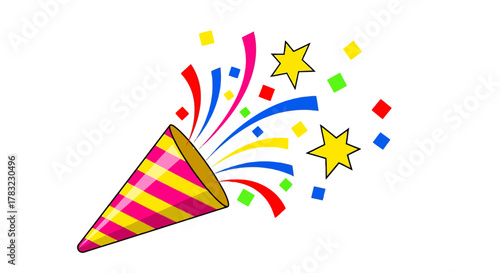 Colorful party popper illustration with exploding confetti and stars, symbolizing celebration, joy, and festive events!