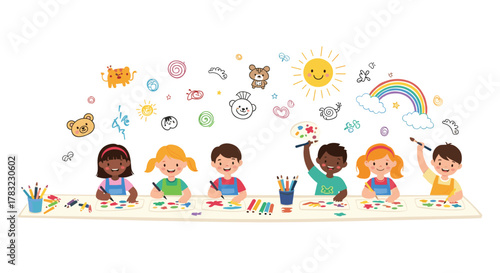 Happy diverse children are engaged in a creative art activity, drawing and painting at a table, surrounded by whimsical doodles.