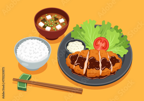 A vibrant flat-style illustration captures a complete Japanese katsu meal, featuring a crispy breaded cutlet, savory miso soup, fluffy rice, and fresh garnishes