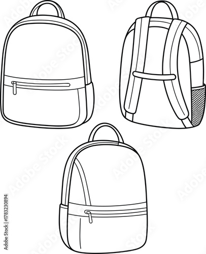 Cad drawing flat vector illustration, technical backpack sketch, front rear angled view, zipper pocket, mesh side, travel gear template, outline