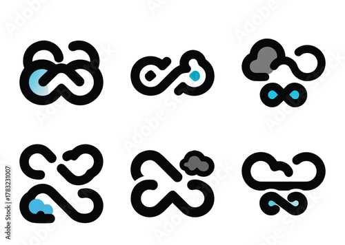 Collection of abstract weather themed logos utilizing fluid lines and bold colors