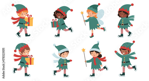 A diverse group of cheerful Christmas elves and fairies in festive outfits ice skating, some holding gifts and magic wands for the holidays.