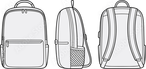Backpack cad drawing flat vector illustration, front side rear view, technical fashion sketch, school bag design, ergonomic straps, zipper pocket