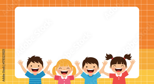 Happy cartoon children with raised hands standing in front of a large blank whiteboard against an orange and yellow checkered background.