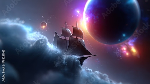 Fototapeta Naklejka Na Ścianę i Meble -  Fantasy ship sailing through nebula and planets