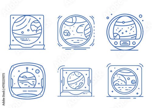 Collection of space icons representing planets with rings in stylized frames