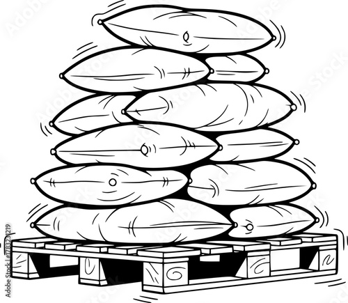 a stack of cushions on a pallet, minimalist, vector illustration, black and white, flux style

