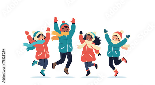 Four diverse children joyfully jumping in warm winter clothes, celebrating the cold season with happy expressions.