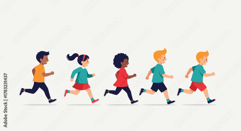 Fototapeta premium A diverse group of cheerful children, including boys and girls of various ethnicities, joyfully running together in a line.