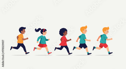 A diverse group of cheerful children, including boys and girls of various ethnicities, joyfully running together in a line.