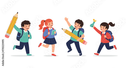 Four happy elementary school children with backpacks are joyfully running and carrying school supplies like pencils and books, celebrating learning.