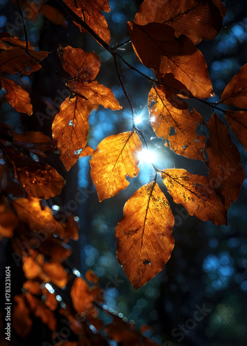 Bright sunlight shines through striking orange leaves in a tranquil forest during the beautiful fall season. Nature's colors evoke warmth and peace in this woodland scene.