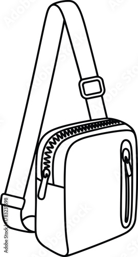 Crossbody sling bag cad drawing flat vector illustration, front view, zipper pocket, adjustable strap, technical fashion sketch, minimalist design