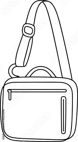 Shoulder bag cad drawing flat vector illustration, front view, dual zipper pockets, adjustable strap, technical fashion sketch, travel bag design