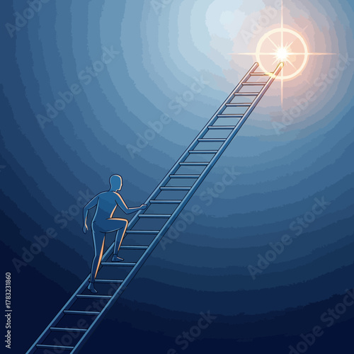 Silhouette climbs ladder towards bright star in dark blue sky, symbolizing ambition and the pursuit of goals with determination and hope.