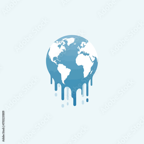 Melting globe depicting climate change with dripping water on a light blue surface showing environmental concerns and a call for urgent action.