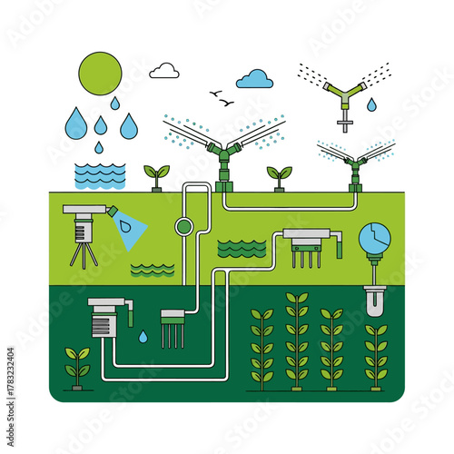 Automated irrigation system waters crops in a field, showcasing modern agricultural technology and sustainable farming practices for efficient resource management.