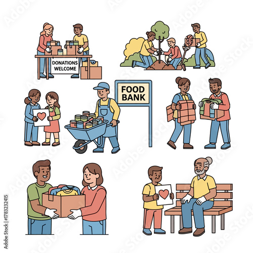 Diverse group of volunteers participating in various charitable activities, including food donation, tree planting, and helping elderly, demonstrating community support and compassion.