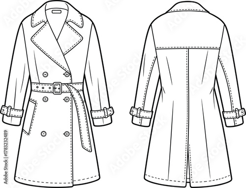Trench coat cad drawing flat vector illustration, front and back view, double-breasted design, belted waist, technical fashion sketch